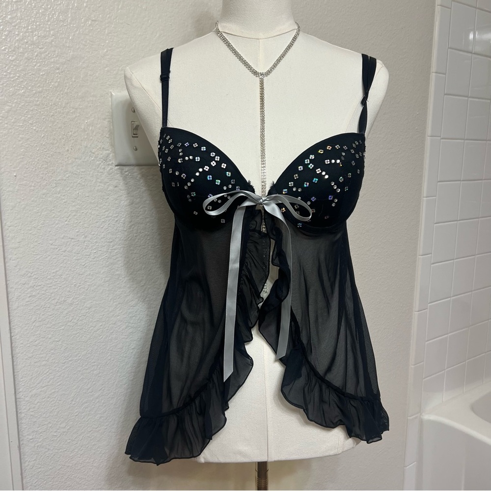 Black sequins lingerie slip silver sparkly shimmery ribbon sheer goth grunge